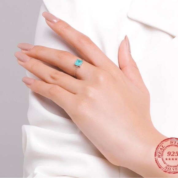 Turquoise Blue chain ring Sterling Silver925 crystal square accessory ADJUSTABLE - Picture 2 of 5